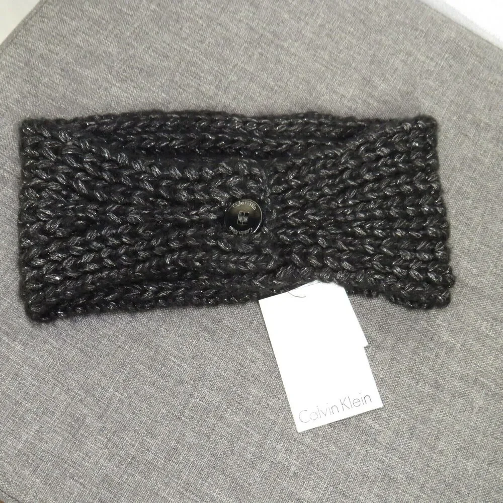 CALVIN KLEIN Black Silver Metallic Sweater Knit Cozy Ear Warmer Headband